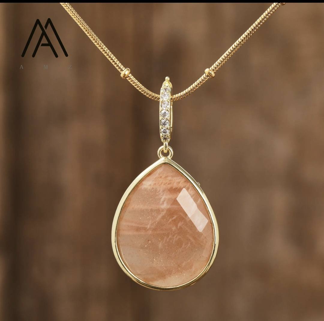 MICCI Design Tear Drop Stone Kjede, 18K Goldplated, 20mm Orange Sun Stone Solitaire anheng