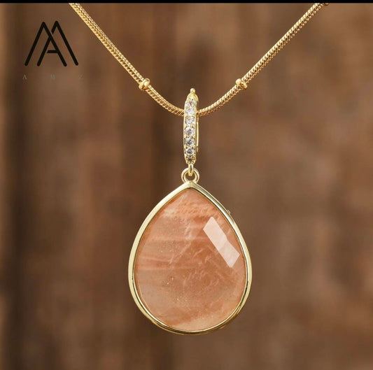 MICCI Design Tear Drop Stone Kjede, 18K Goldplated, 20mm Orange Sun Stone Solitaire anheng