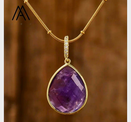 MICCI Design Tear Drop Stone Kjede, 18K Goldplated, 20mm Ametyst Solitaire anheng