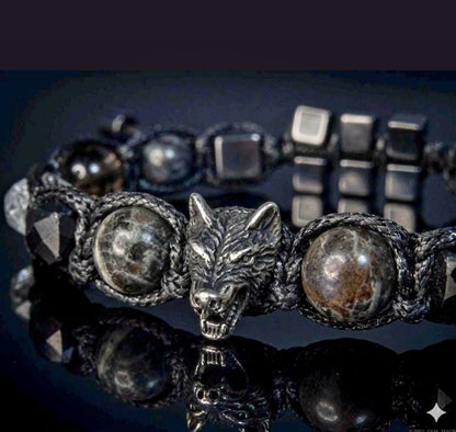 New 2026 Design / Trendy og Exclusivt Shambhala Armbånd, " Wolf Head " Protection Bracelet with Black Tourmaline, Black Moonstone, Larvikite, Smoky Quartz and Hematite