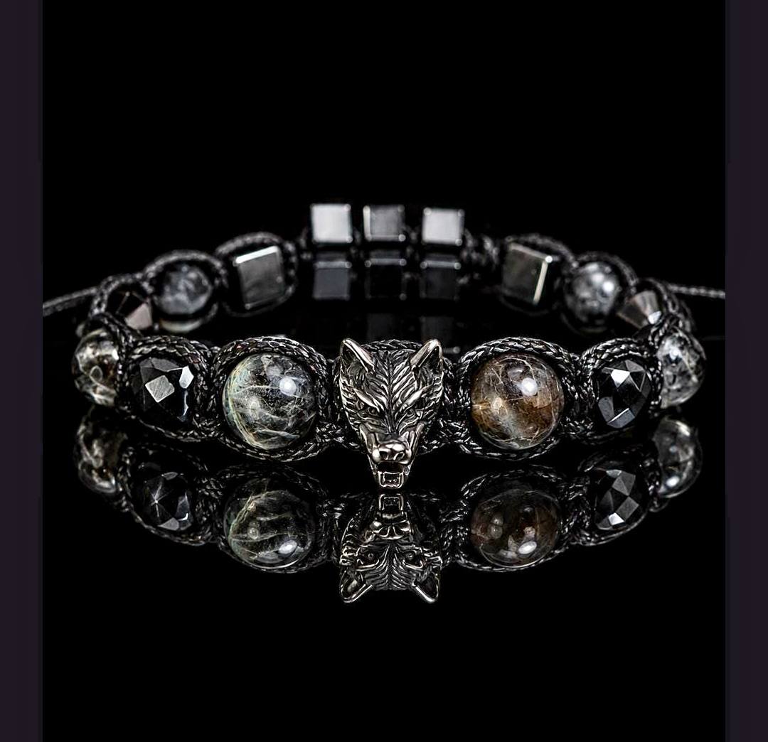 New 2026 Design / Trendy og Exclusivt Shambhala Armbånd, " Wolf Head " Protection Bracelet with Black Tourmaline, Black Moonstone, Larvikite, Smoky Quartz and Hematite