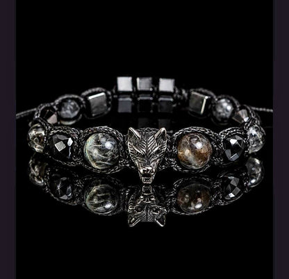 New 2026 Design / Trendy og Exclusivt Shambhala Armbånd, " Wolf Head " Protection Bracelet with Black Tourmaline, Black Moonstone, Larvikite, Smoky Quartz and Hematite