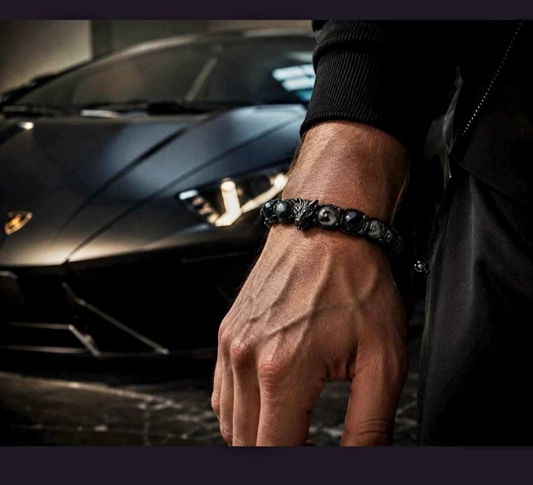New 2026 Design / Trendy og Exclusivt Shambhala Armbånd, " Wolf Head " Protection Bracelet with Black Tourmaline, Black Moonstone, Larvikite, Smoky Quartz and Hematite