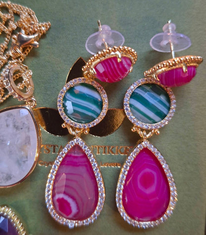 Nye MICCI DESIGN natural PInk Fuchia & Green AGATE Long Drop Øredobber, 58x17mm 24KGold Electroplated - Pink & Green AGATE