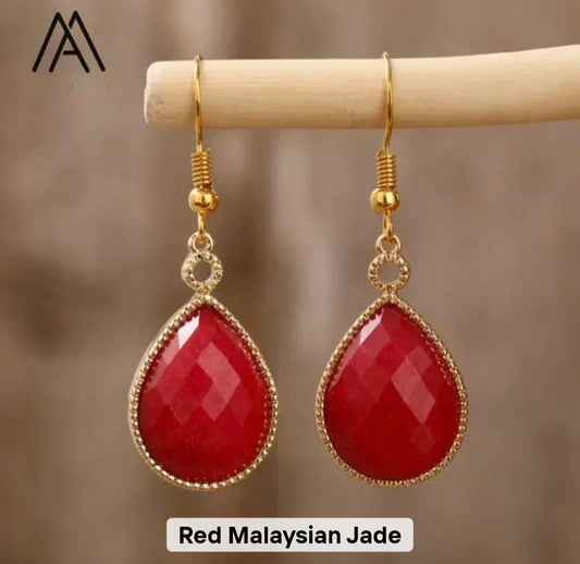 Nytt MICCI Design Classic Drop Øredobber - Red Malaysian JADE & Gold Electroplated