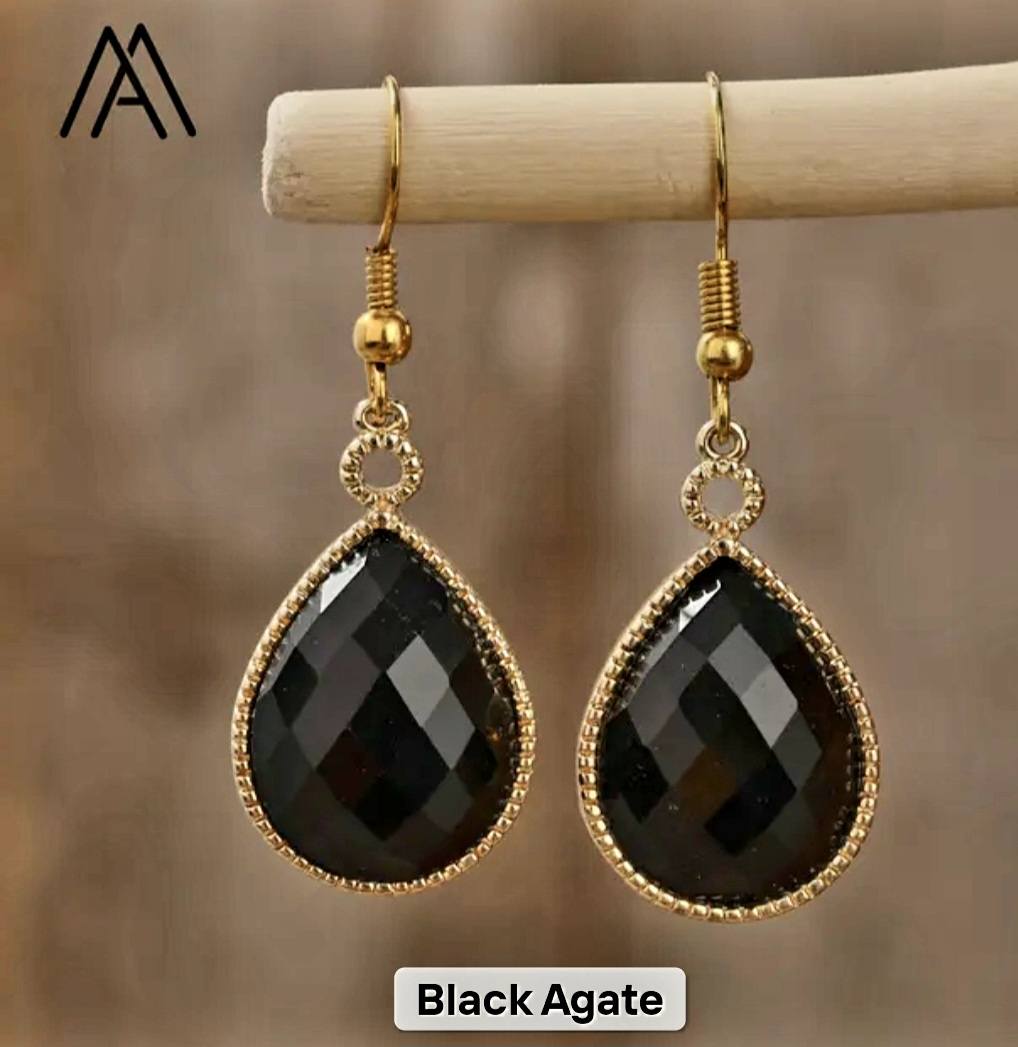 Nye MICCI Design Classic Drop Earring Design, Gold Electroplated, Black AGATE