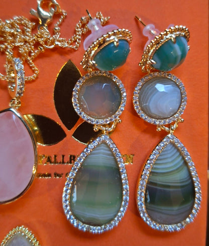 Nye MICCI DESIGN natural Green AGATE Long Drop Øredobber, 58x17mm 24KGold Electroplated