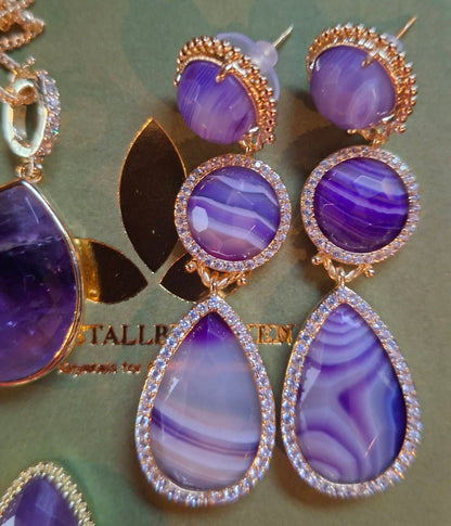 Nye MICCI DESIGN natural Purple AGATE Long Drop Øredobber, 58x17mm 24KGold Electroplated