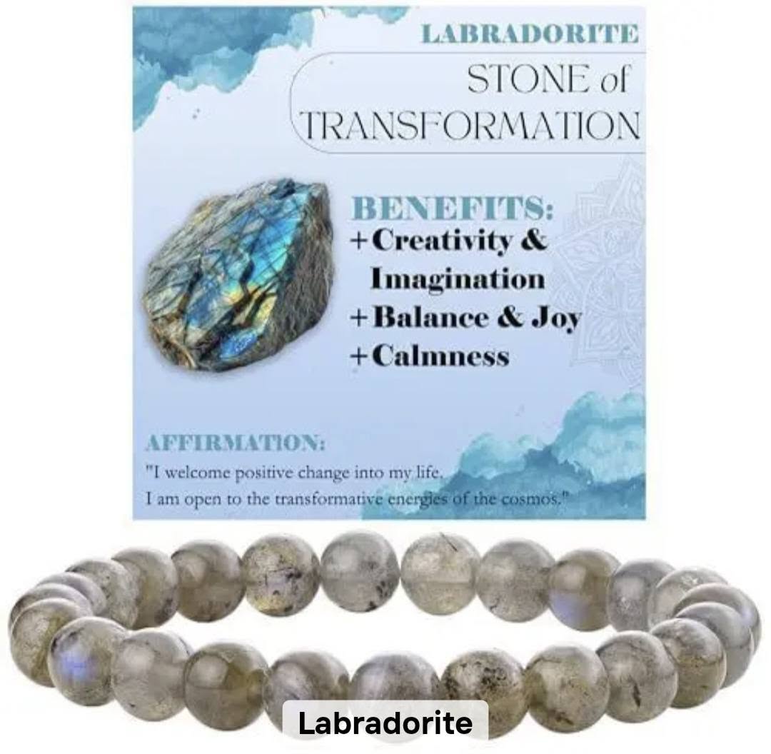 Nye, single - fleksible 8mm Steinarmbånd m/ Produkt og Affirmasjonskort, Labradorite
