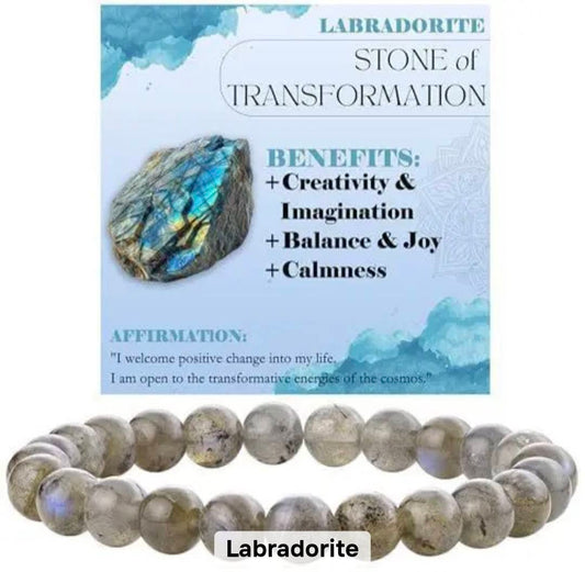 Nye, single - fleksible 8mm Steinarmbånd m/ Produkt og Affirmasjonskort, Labradorite
