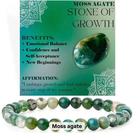 Nye, single - fleksible 8mm Steinarmbånd m/ Produkt og Affirmasjonskort, Moss AGATE