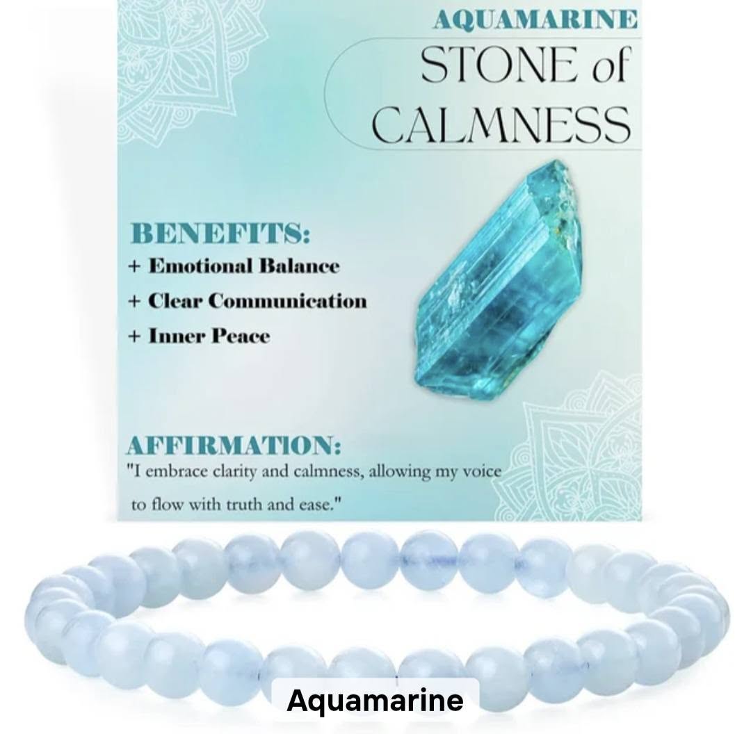 Nye, single - fleksible 8mm Steinarmbånd m/ Produkt og Affirmasjonskort, Aquamarine