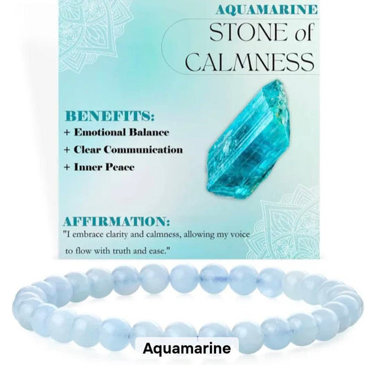 Nye, single - fleksible 8mm Steinarmbånd m/ Produkt og Affirmasjonskort, Aquamarine