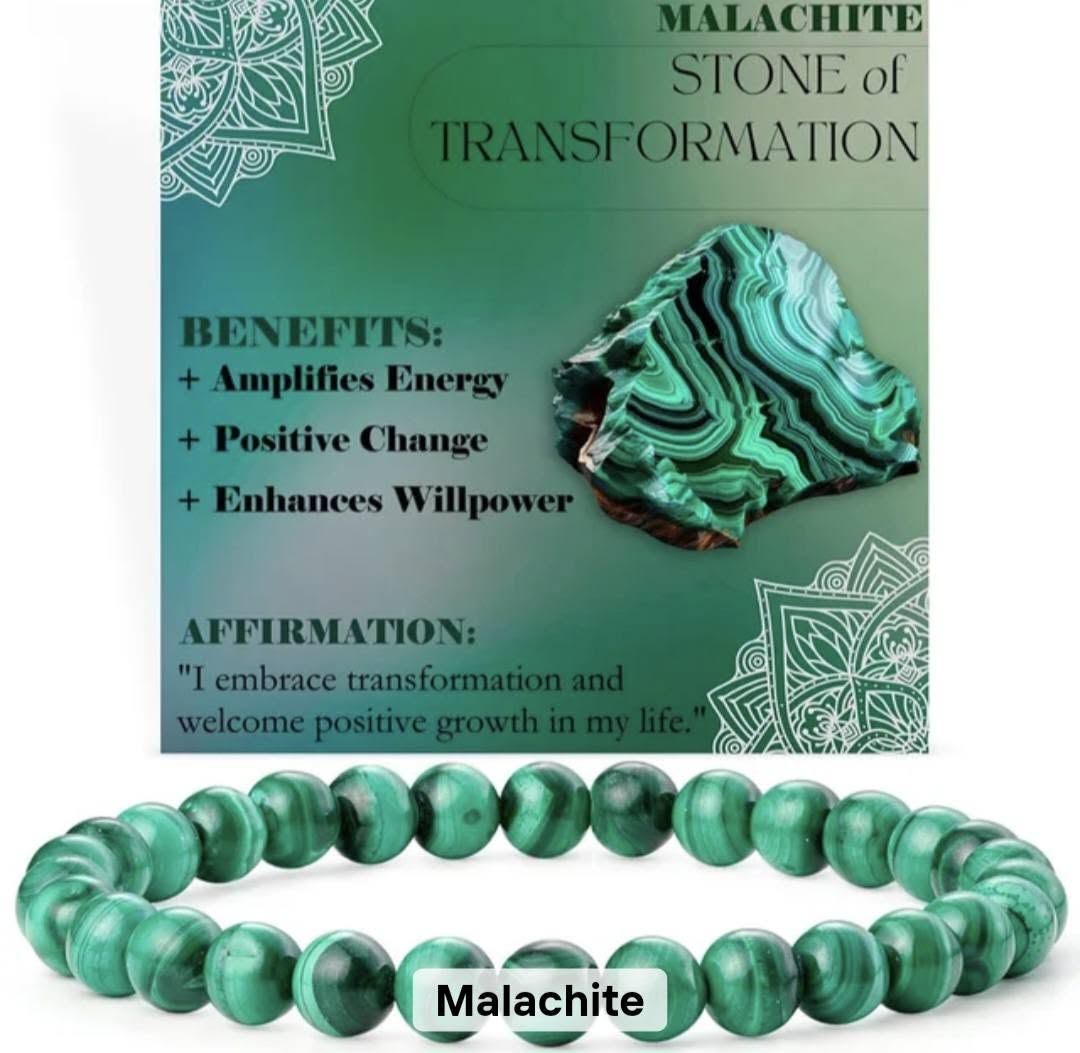 Nye, single - fleksible 8mm Steinarmbånd m/ Produkt og Affirmasjonskort, Malachite