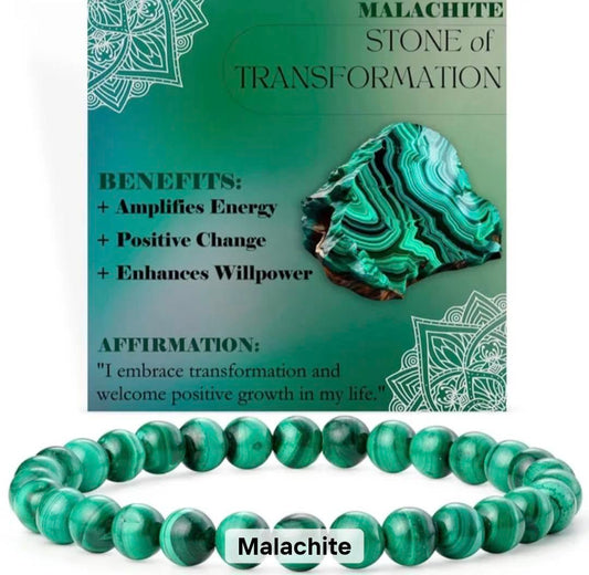 Nye, single - fleksible 8mm Steinarmbånd m/ Produkt og Affirmasjonskort, Malachite