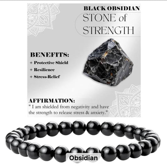 Nye, single - fleksible 8mm Steinarmbånd m/ Produkt og Affirmasjonskort, Black Obsidian