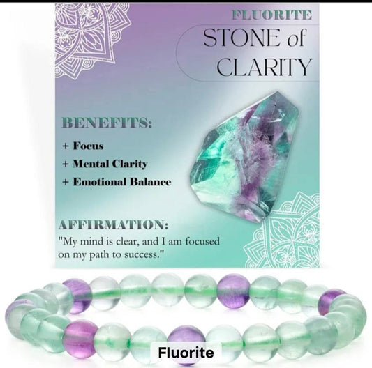 Nye, single - fleksible 8mm Steinarmbånd m/ Produkt og Affirmasjonskort, Rainbow Flourite