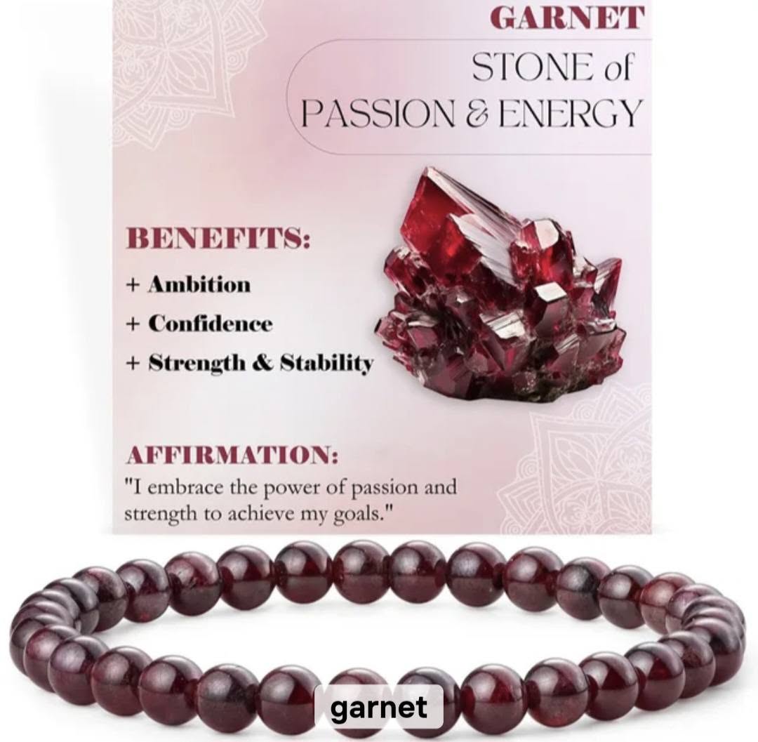 Nye, single - fleksible 8mm Steinarmbånd m/ Produkt og Affirmasjonskort, Garnet
