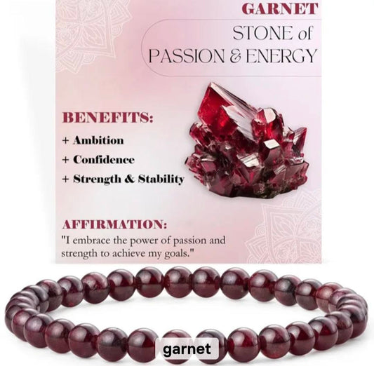 Nye, single - fleksible 8mm Steinarmbånd m/ Produkt og Affirmasjonskort, Garnet