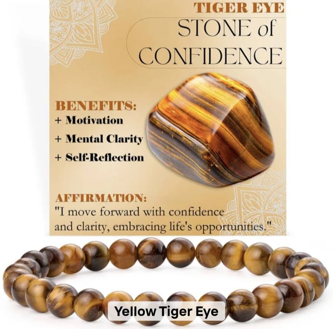 Nye, single - fleksible 8mm Steinarmbånd m/ Produkt og Affirmasjonskort, Tiger Eye