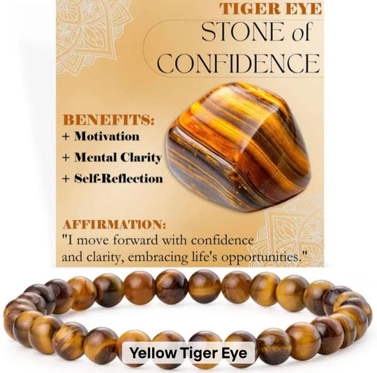 Nye, single - fleksible 8mm Steinarmbånd m/ Produkt og Affirmasjonskort, Tiger Eye