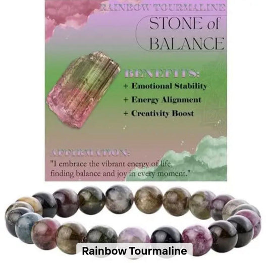Nye, single - fleksible 8mm Steinarmbånd m/ Produkt og Affirmasjonskort, Rainbow Tourmaline
