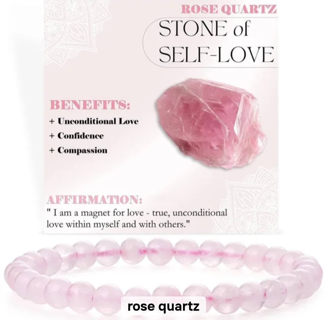 Nye, single - fleksible 8mm Steinarmbånd m/ Produkt og Affirmasjonskort, Rose Quartz