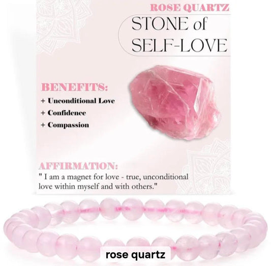 Nye, single - fleksible 8mm Steinarmbånd m/ Produkt og Affirmasjonskort, Rose Quartz