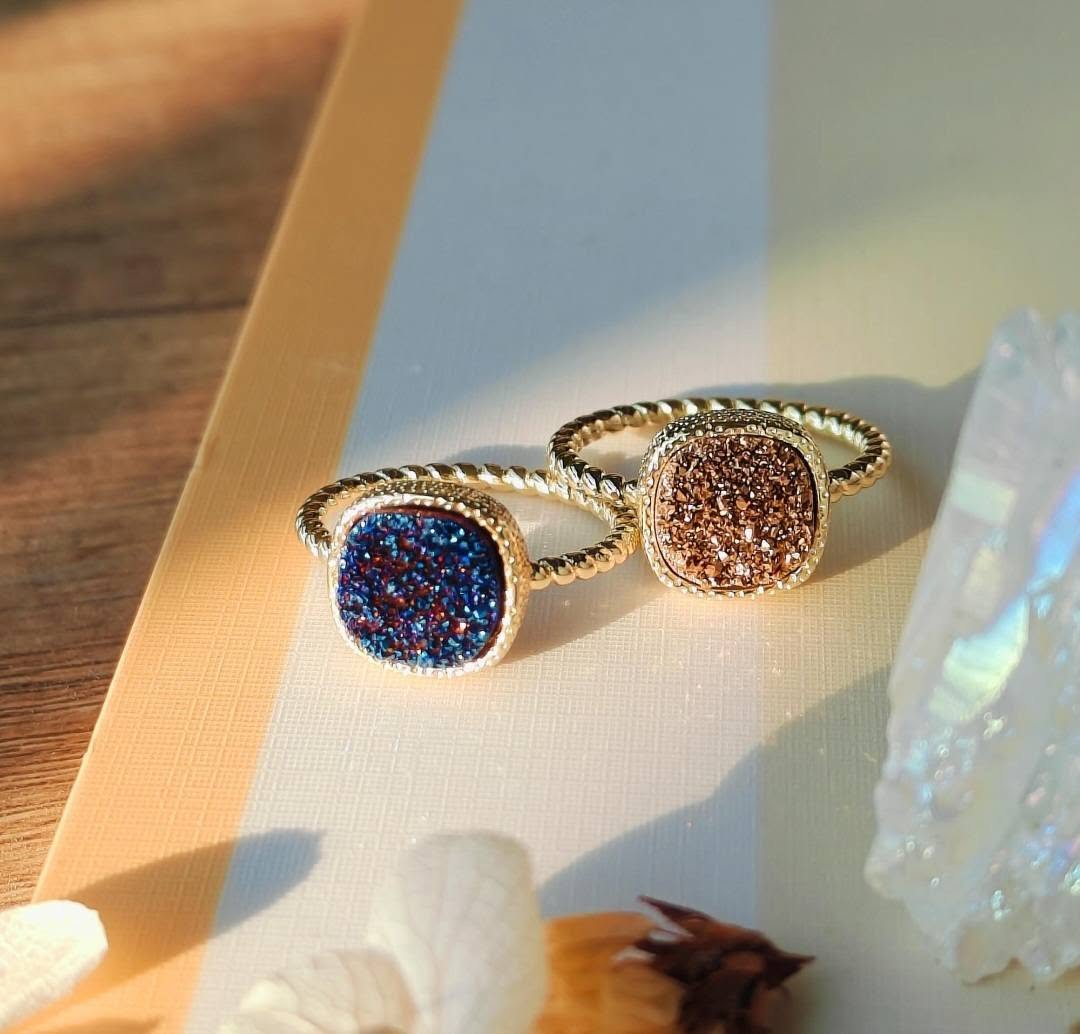 Ny Vintage Designring Druzy Rose Gold Stone, 10x10mm - 18k Gold Electroplated