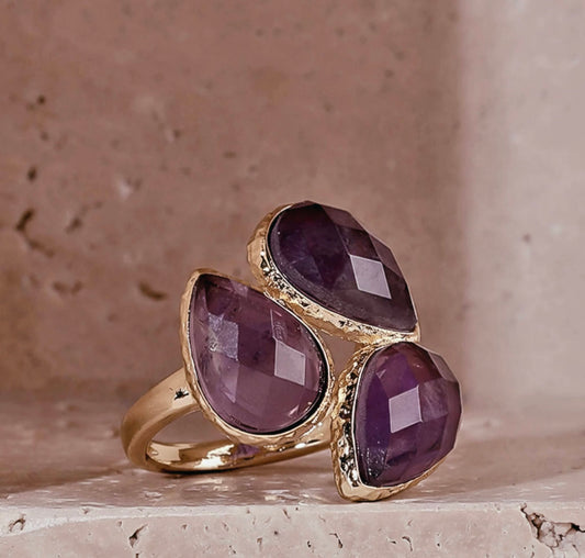 Nye MICCI Design Natural Stone Rings, 18K Goldplated, one size - justerbar, Three Stone Design, Ametyst