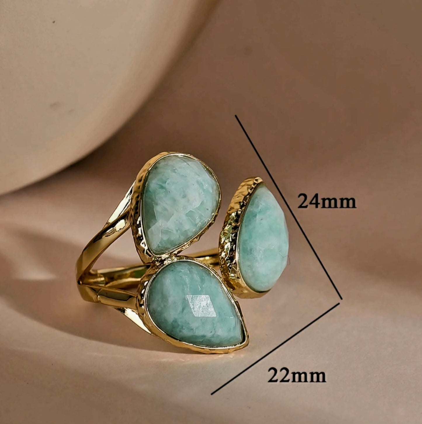 Nye MICCI Design Natural Stone Rings, 18K Goldplated, one size - justerbar, Three Stone Design, Amazonite