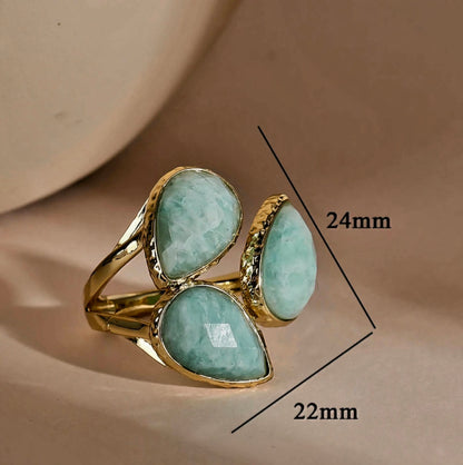 Nye MICCI Design Natural Stone Rings, 18K Goldplated, one size - justerbar, Three Stone Design, Amazonite