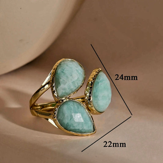 Nye MICCI Design Natural Stone Rings, 18K Goldplated, one size - justerbar, Three Stone Design, Amazonite