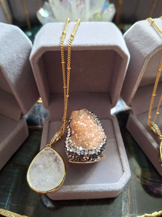 SUMMERDEAL / 2 -1 Classic Tear Drop Kjede + Druzy Statement Goldplated Ring ! ( 7 Design )