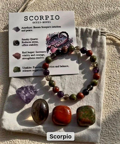 Scorpio ( Skorpion ) Birthstone Krystallsett ( 4 stener + armbånd )