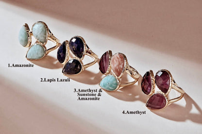 Nye MICCI Design Natural Stone Rings, 18K Goldplated, one size - justerbar, Three Stone Design, Lapis Lazuli