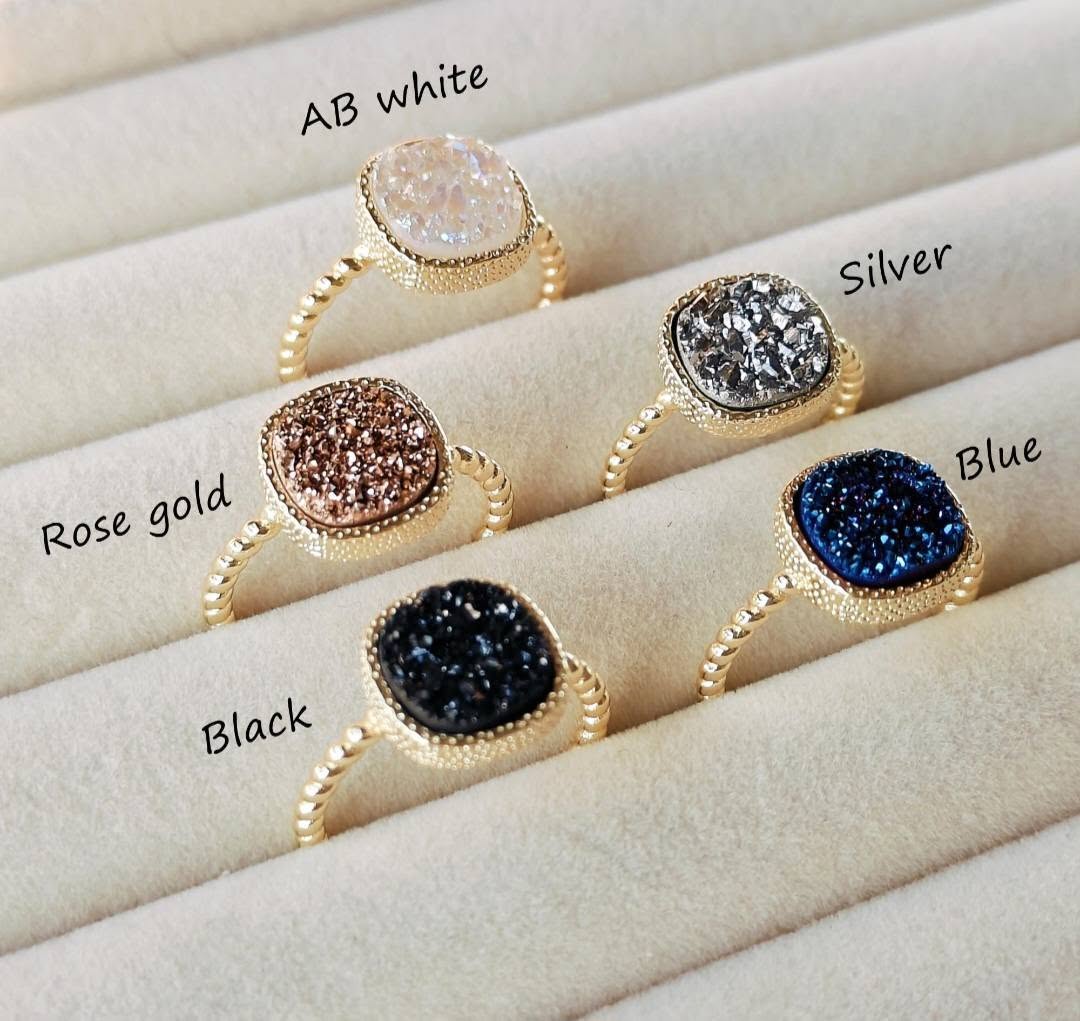 Ny Vintage Designring Druzy Rose Gold Stone, 10x10mm - 18k Gold Electroplated