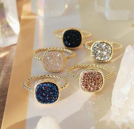 Ny Vintage Designring Druzy Rose Gold Stone, 10x10mm - 18k Gold Electroplated