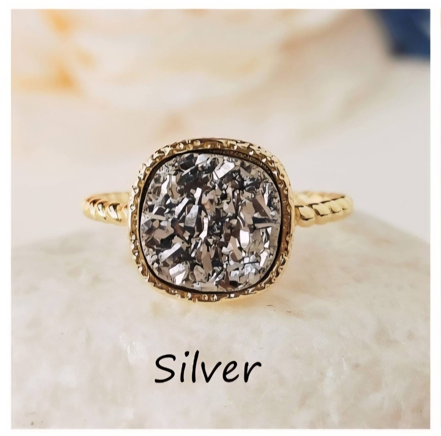 Ny Vintage Designring Druzy Silver Stone, 10x10mm - 18k Gold Electroplated