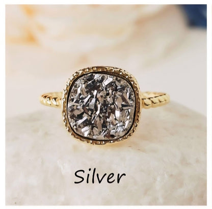 Ny Vintage Designring Druzy Silver Stone, 10x10mm - 18k Gold Electroplated