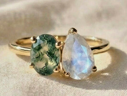 Art Deco & Vintage Moss Agate and Moonstone "Toi et Moi" Ring, Two Stone Ring - 9x7mm, 14K Goldplated (925s silver)
