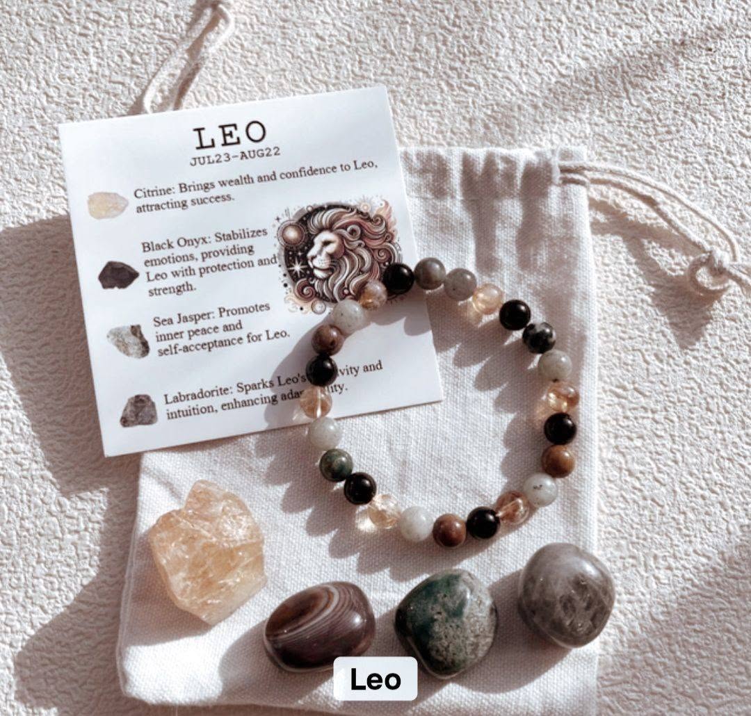 Leo ( Løve ) Birthstone Krystallsett ( 4 stener + armbånd )
