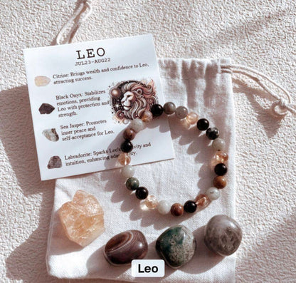 Leo ( Løve ) Birthstone Krystallsett ( 4 stener + armbånd )