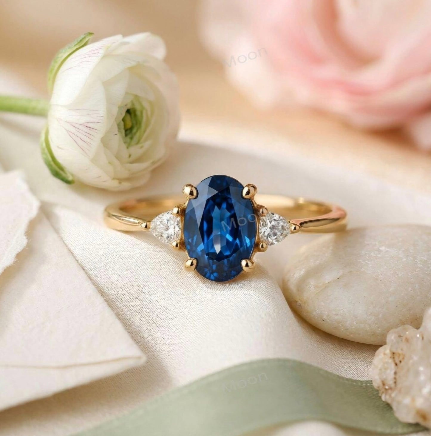 Ny & Trendy 14K Goldplated ( 925s Silver ) Art Deco Vintage Ring - med oval 8x10mm Blue Sapphire sten og Zirkoner