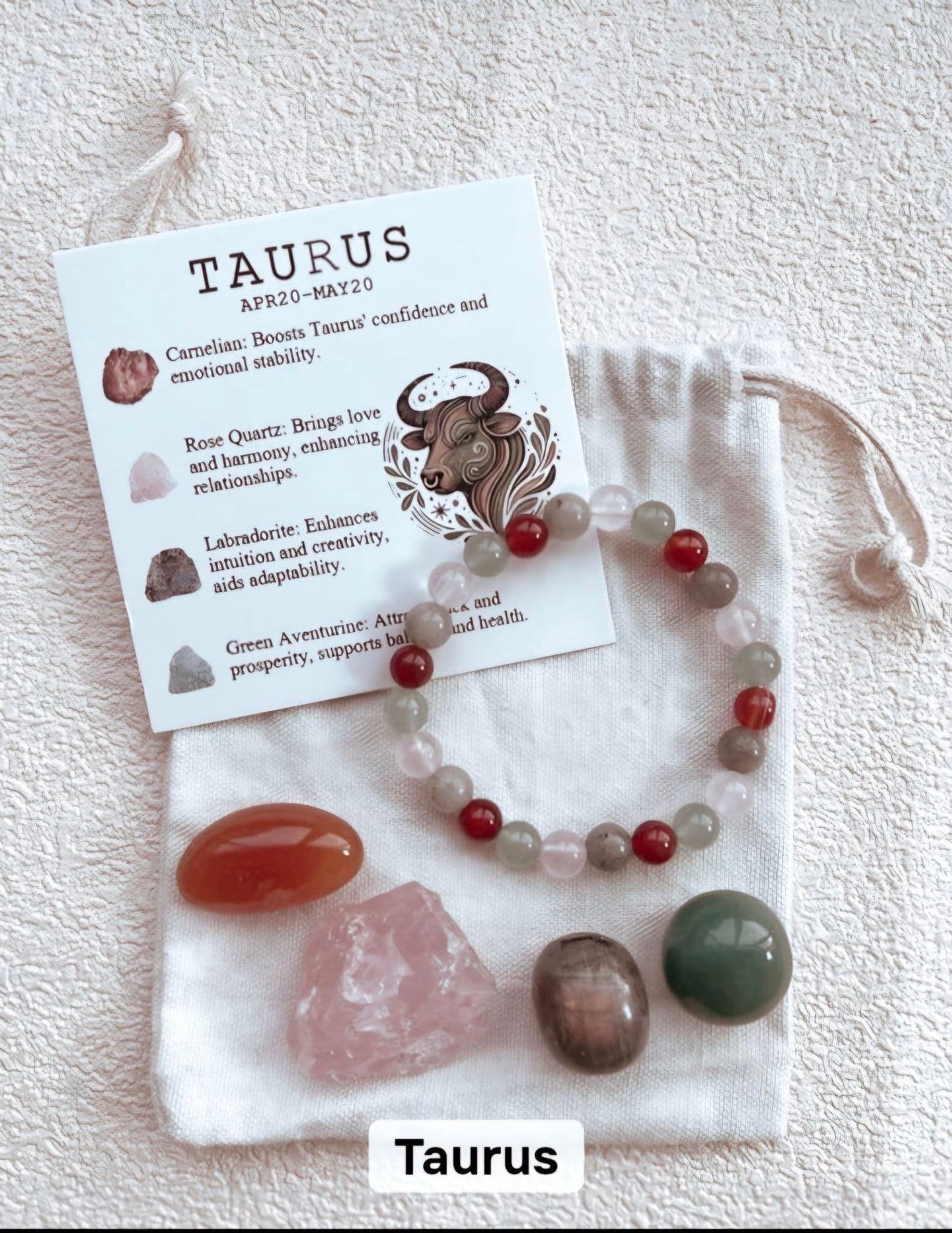 Taurus ( Tyr ) Birthstone Krystallsett ( 4 stener + armbånd )