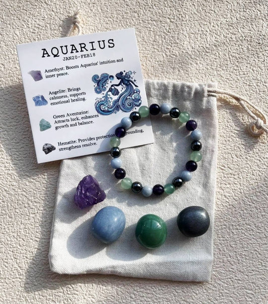 Aquarius ( Vannmann ) Birthstone Krystallsett ( 4 stener + armbånd )
