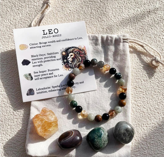 Leo ( Løve ) Birthstone Krystallsett ( 4 stener + armbånd )