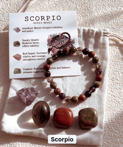 Scorpio ( Skorpion ) Birthstone Krystallsett ( 4 stener + armbånd )
