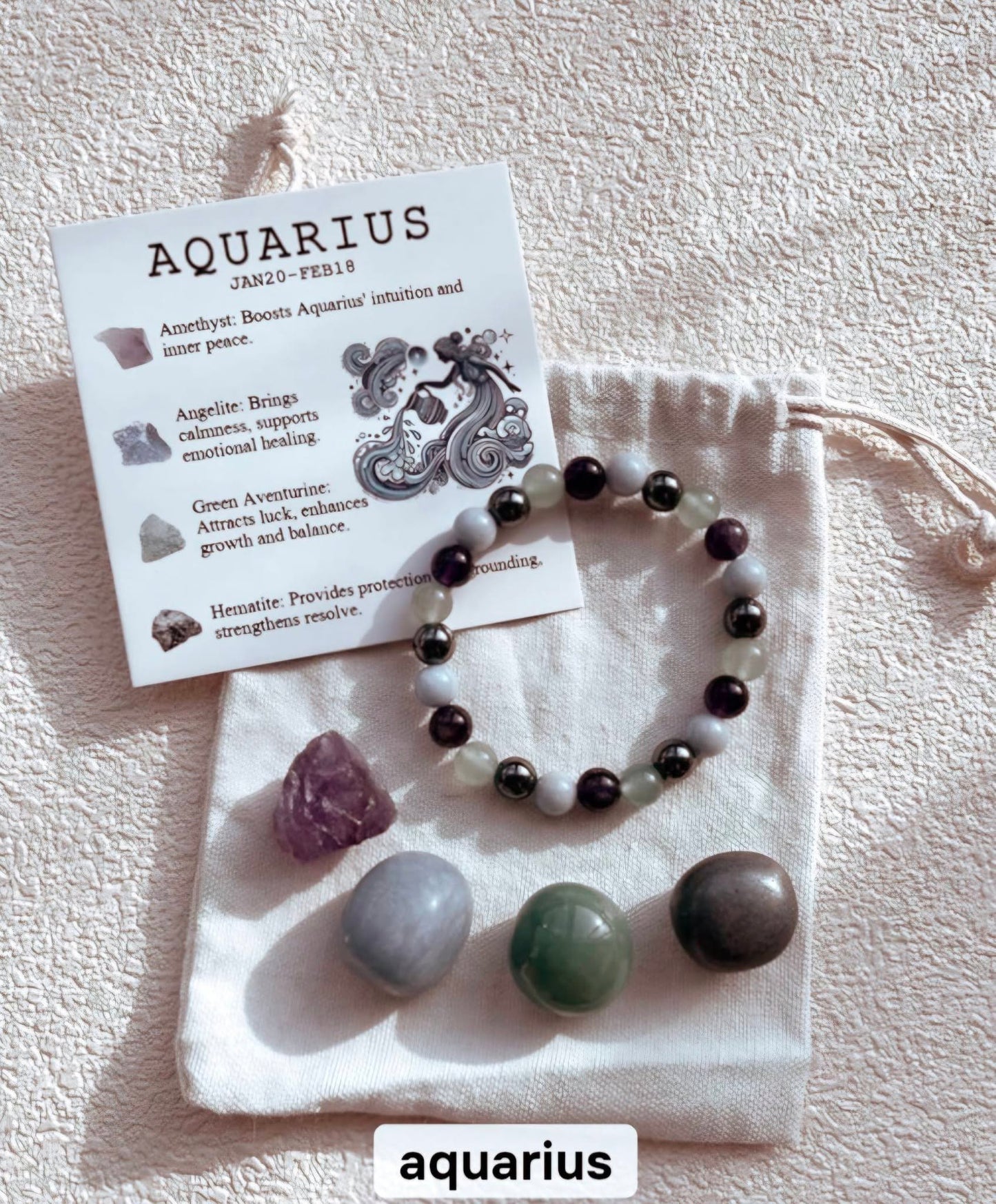 Aquarius ( Vannmann ) Birthstone Krystallsett ( 4 stener + armbånd )