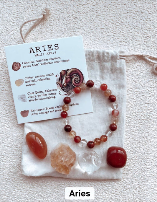 Aries ( Vær ) Birthstone Krystallsett ( 4 stener + armbånd )